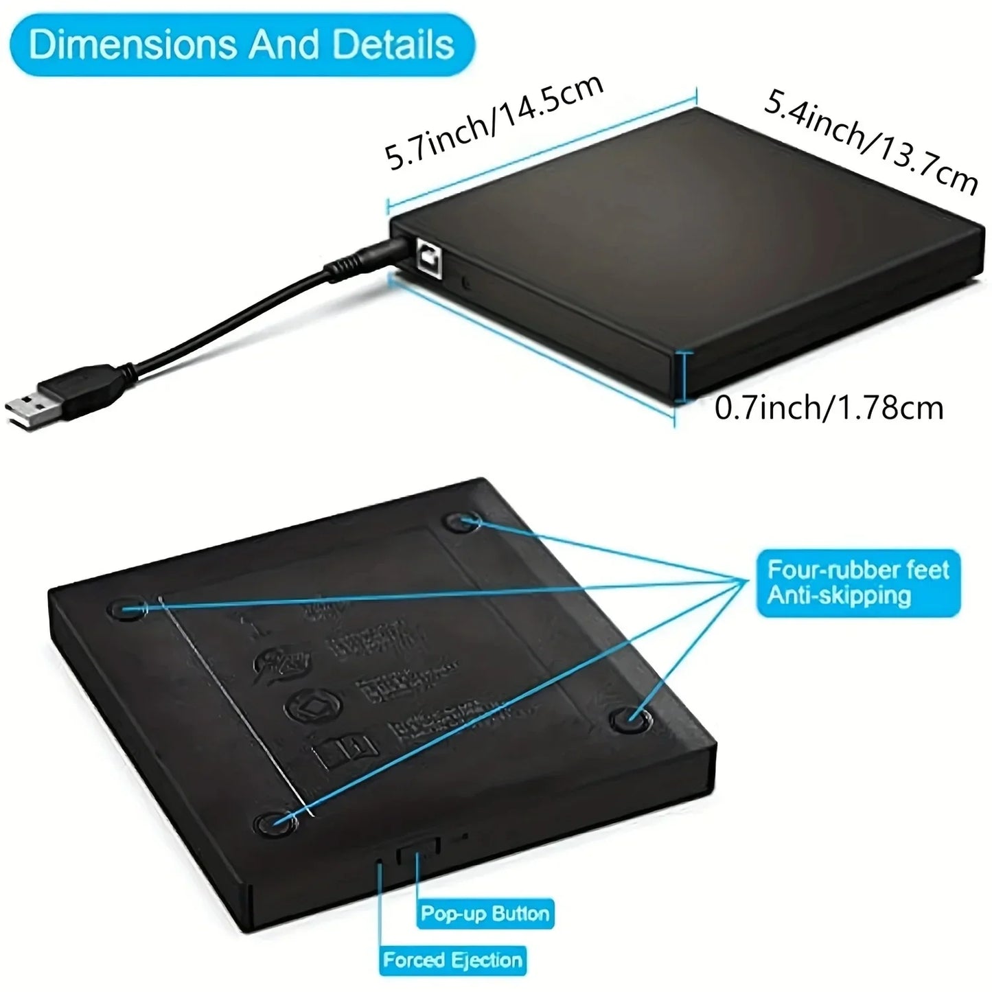 USB 3.0 Type-C External CD DVD Drive, USB 2.0 Slim Protectable External CD-RW Drive DVD-ROM Player for Laptops Desktop PCs