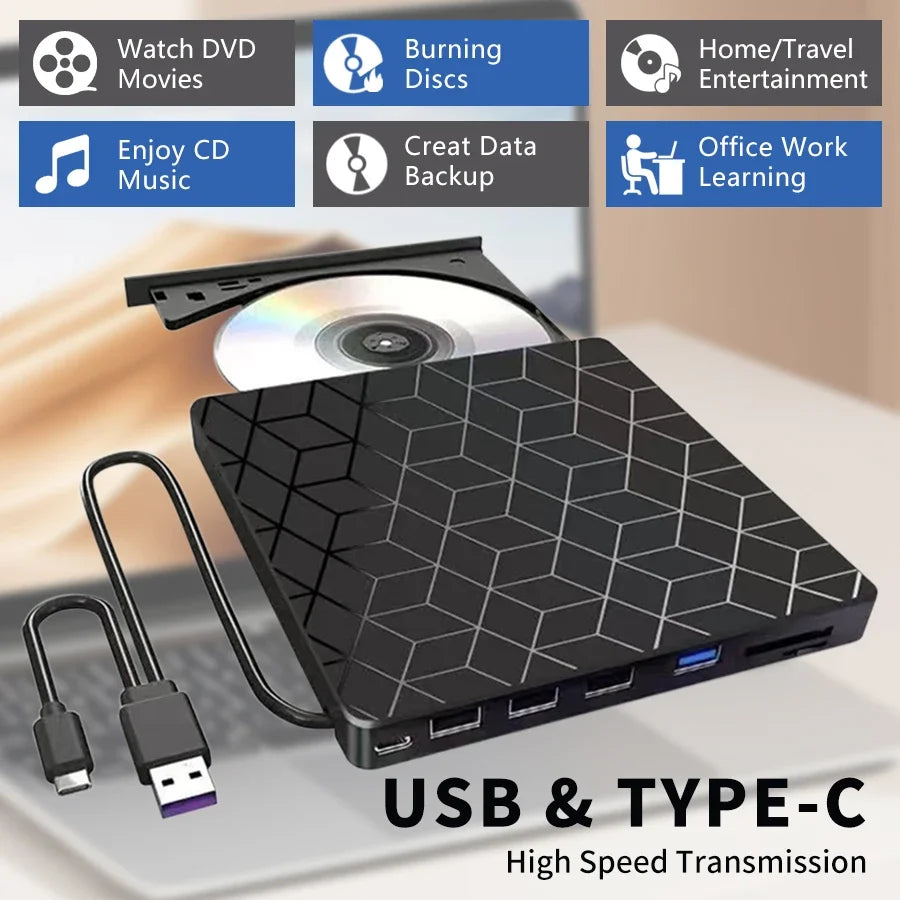 7 in 1 USB3.0&Type C CD DVD Recorder Player Writer External DVD Burner Optical Drive Portable Reader For Laptop Desktop Notebook