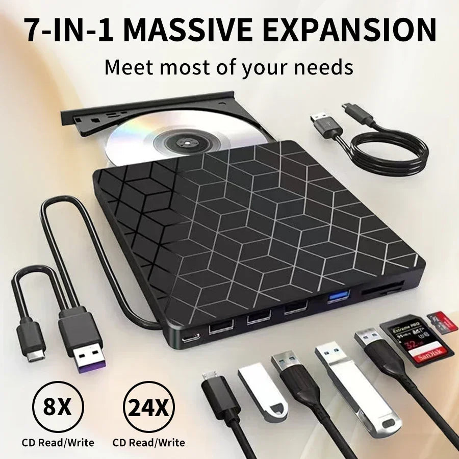 7 in 1 USB3.0&Type C CD DVD Recorder Player Writer External DVD Burner Optical Drive Portable Reader For Laptop Desktop Notebook