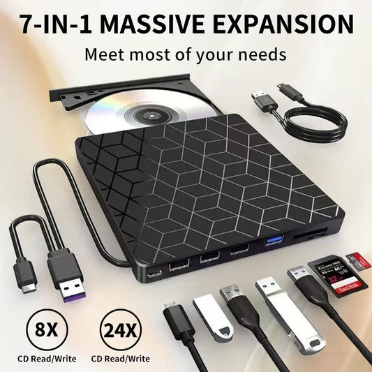 7 in 1 USB3.0&Type C CD DVD Recorder Player Writer External DVD Burner Optical Drive Portable Reader For Laptop Desktop Notebook