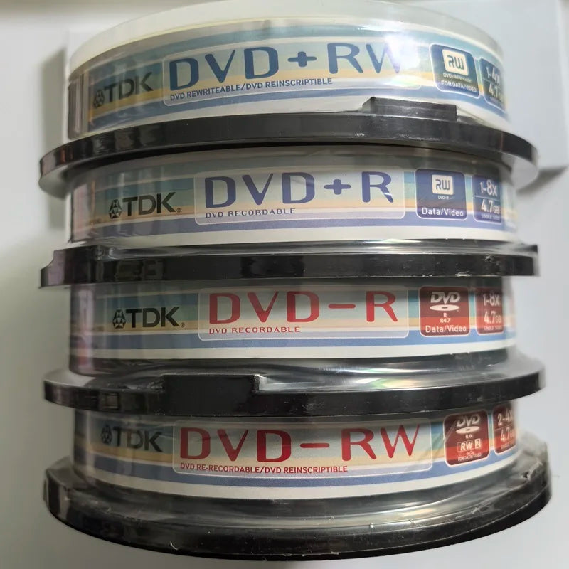 1 pack of 10 DVDs can record data/video. DVD-R/DVD+R burns discs all at once. DVD-RW/DVD+RW rewritable duplicate recording discs