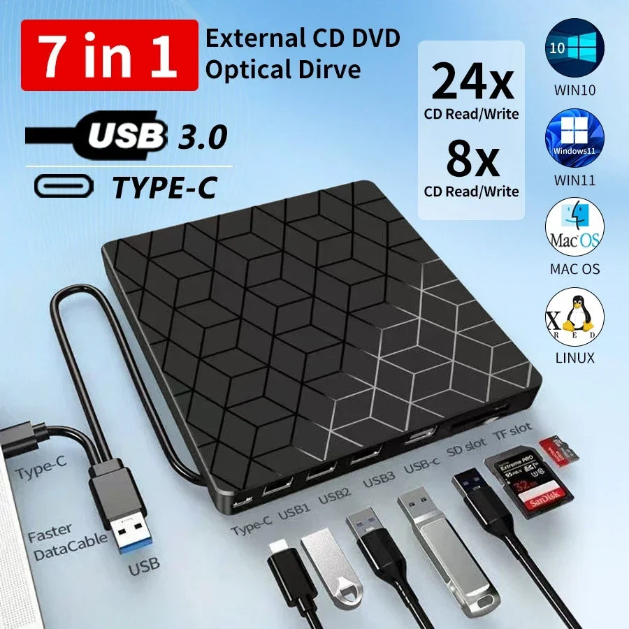7 in 1 USB3.0&Type C CD DVD Recorder Player Writer External DVD Burner Optical Drive Portable Reader For Laptop Desktop Notebook